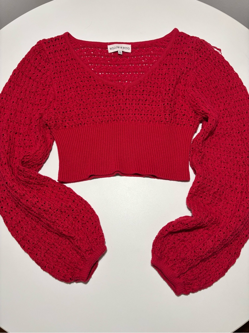 Willow & Wind Red Cropped Cotton Sweater Crochet Balloon Sleeves